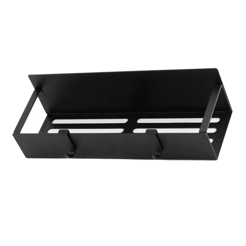 Hooks under the magnetic fridge rack holding kitchen utensils