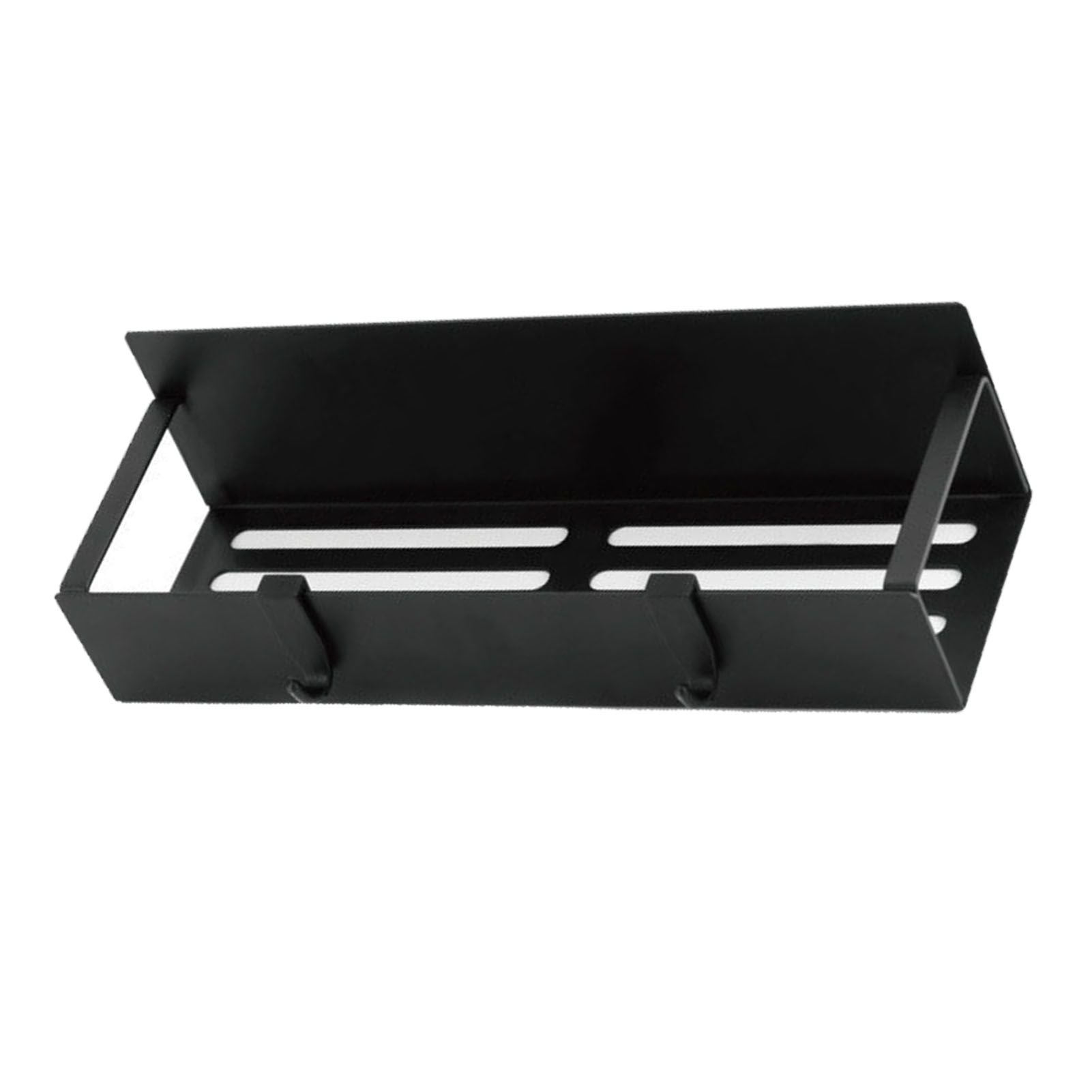 Hooks under the magnetic fridge rack holding kitchen utensils