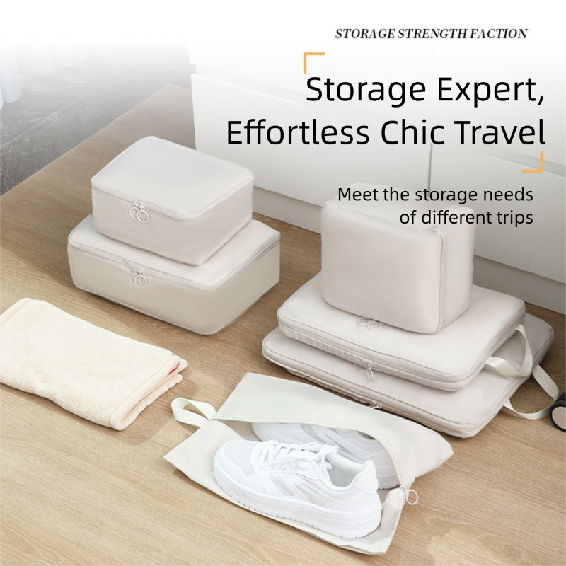 Compression packing cubes shown in the six included sizes