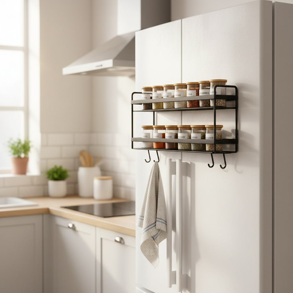 Magnetic fridge spice rack with hooks mounted on white refrigerator
