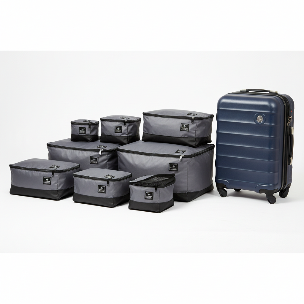 6-piece compression packing cube set for travel on white background